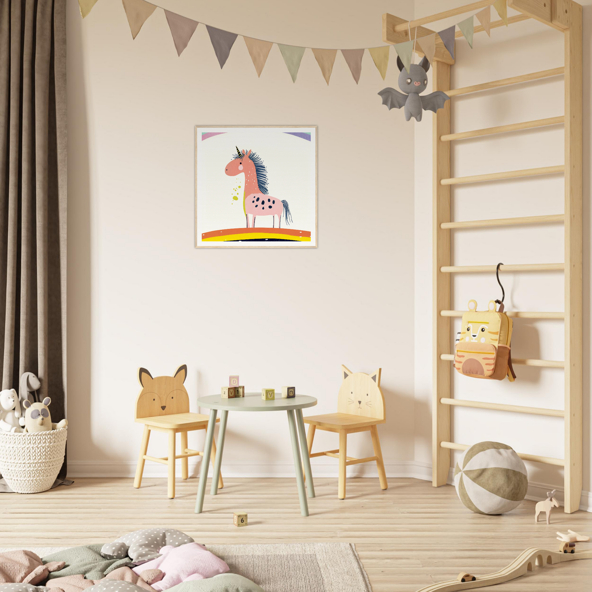 Colorful children’s play area featuring animal-themed chairs and table, perfect for nursery decor