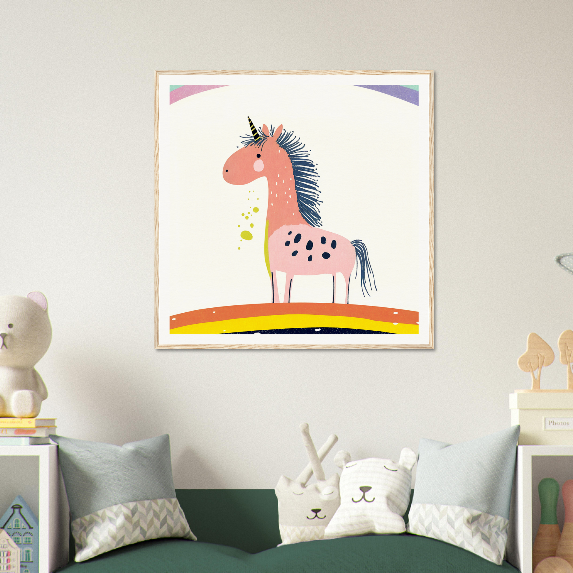 Cute Pink Cartoon Unicorn with Blue Mane for Nursery Wall Art or Decor in Product154