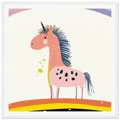 Pink unicorn with spiky blue mane, perfect for nursery wall art or decor