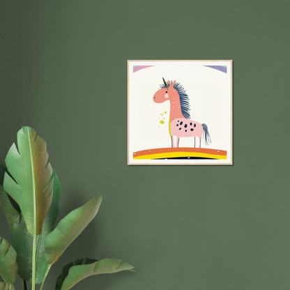 Whimsical pink horse with blue mane and spots for cute nursery wall art decor