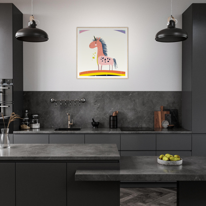 Modern dark gray kitchen featuring whimsical horse artwork, perfect for nursery decor