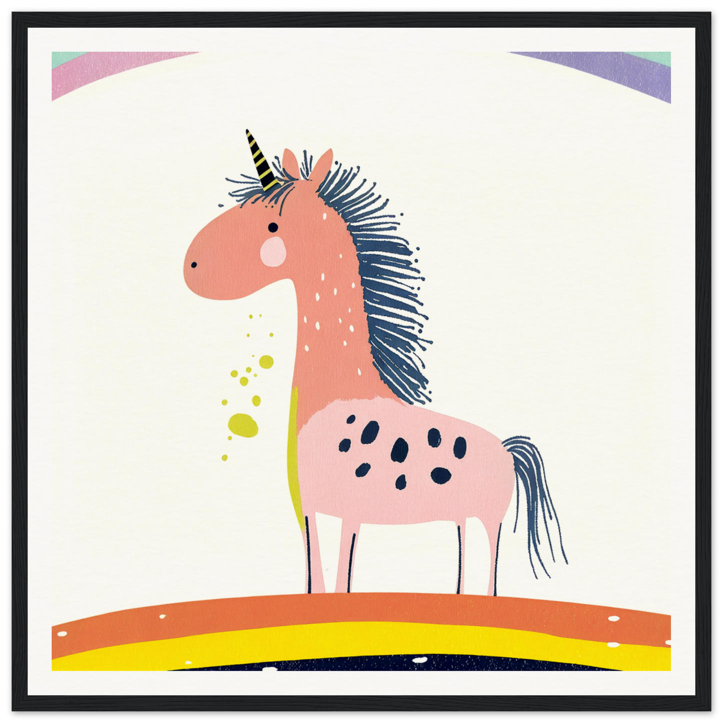 Cute pink unicorn with blue spiky mane in nursery wall art for playful decor