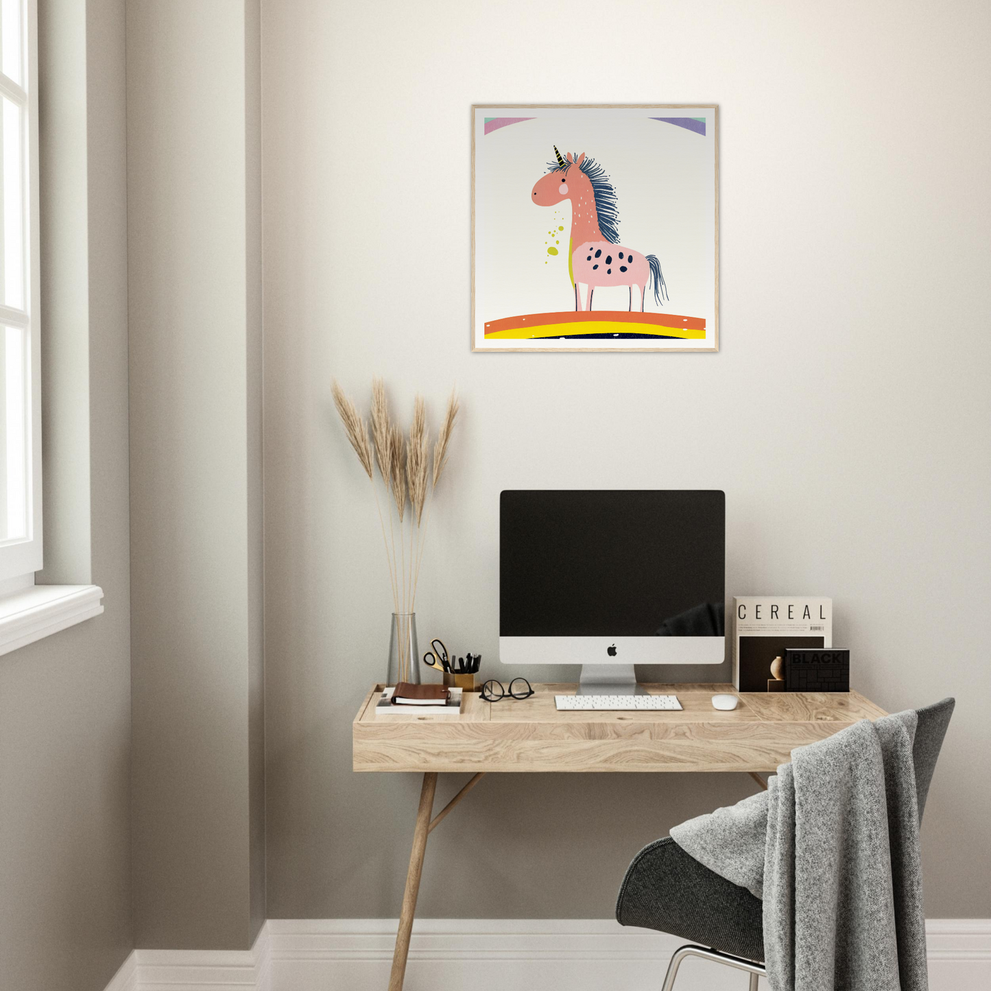 Simple wooden desk with iMac and nursery wall art for stylish nursery decor