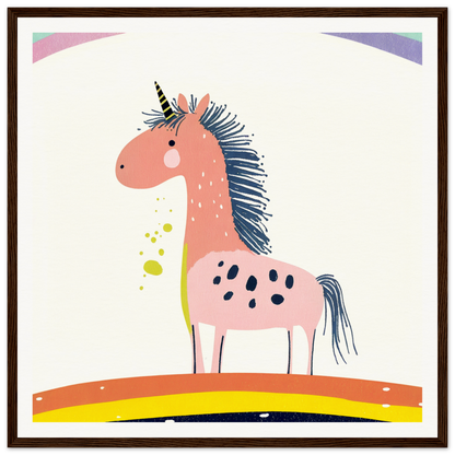 Cute Pink Unicorn with Navy Blue Mane for nursery wall art or decor in Framed Poster