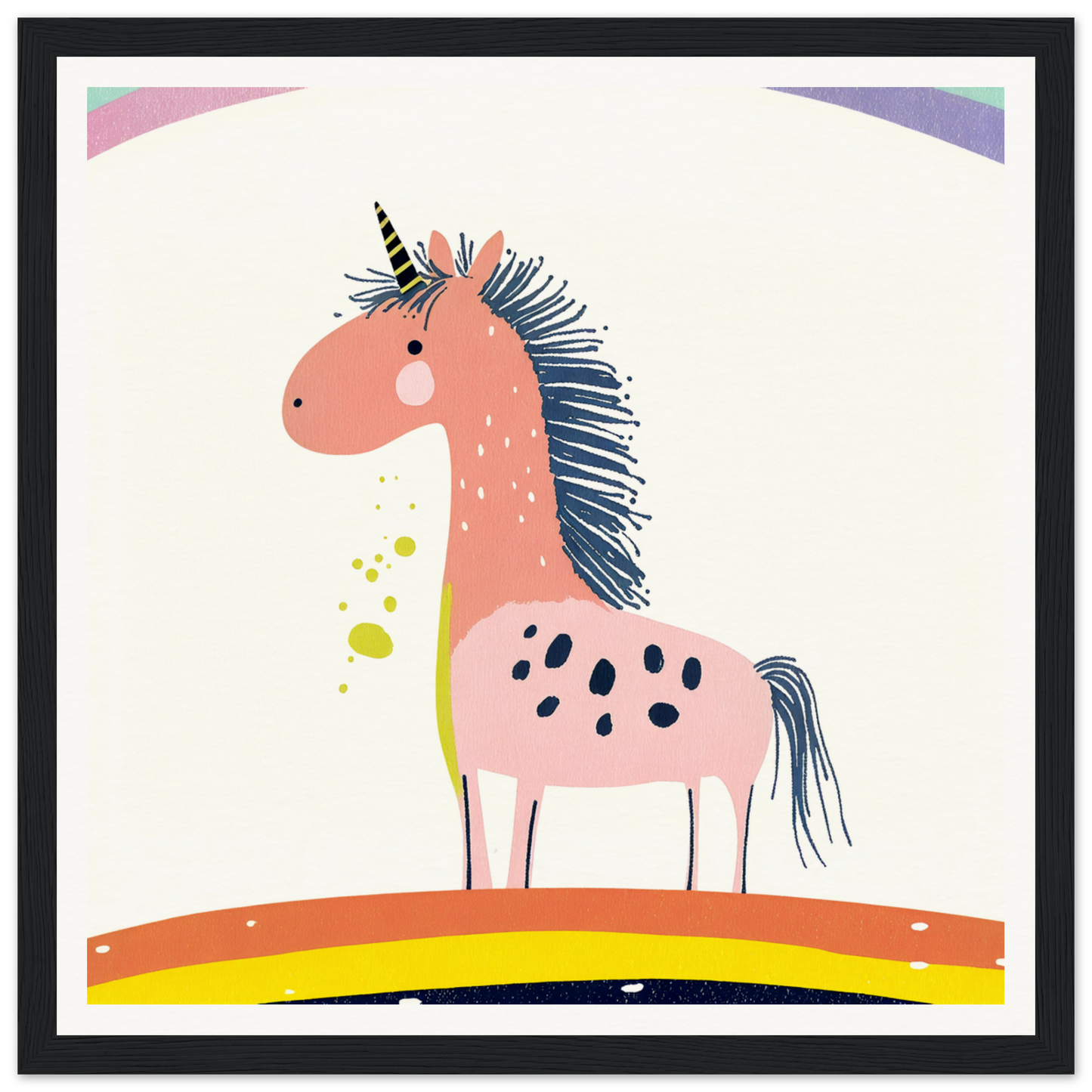 Cute pink unicorn with blue mane and spots, perfect for nursery wall art or decor