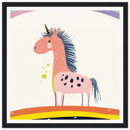 Cute pink unicorn with blue mane and spots, perfect for nursery wall art or decor