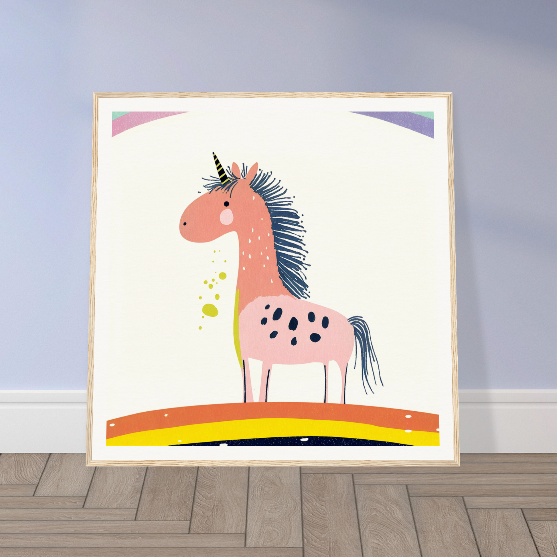 Pink cartoon unicorn with blue mane and black spots for fun nursery decor