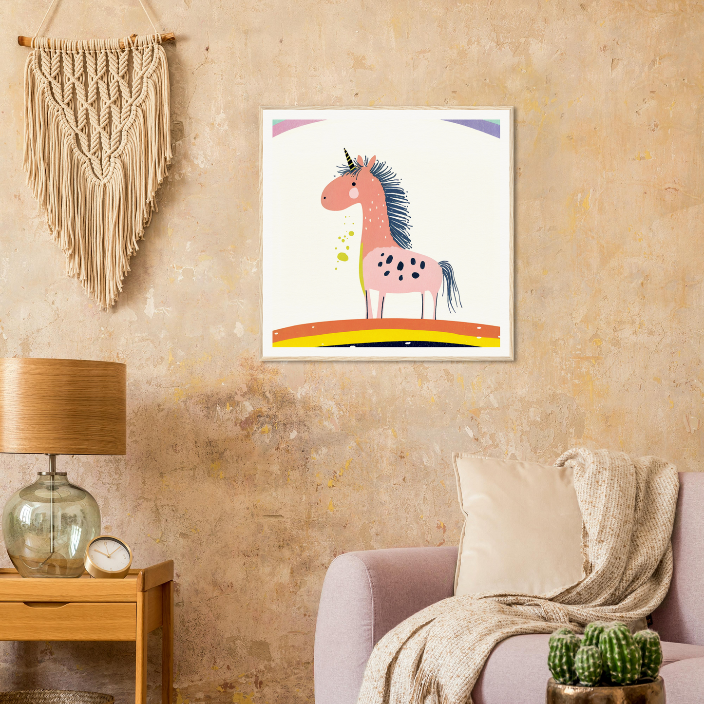 Pink spotted horse with a blue mane on rainbow stripes, perfect for nursery wall art