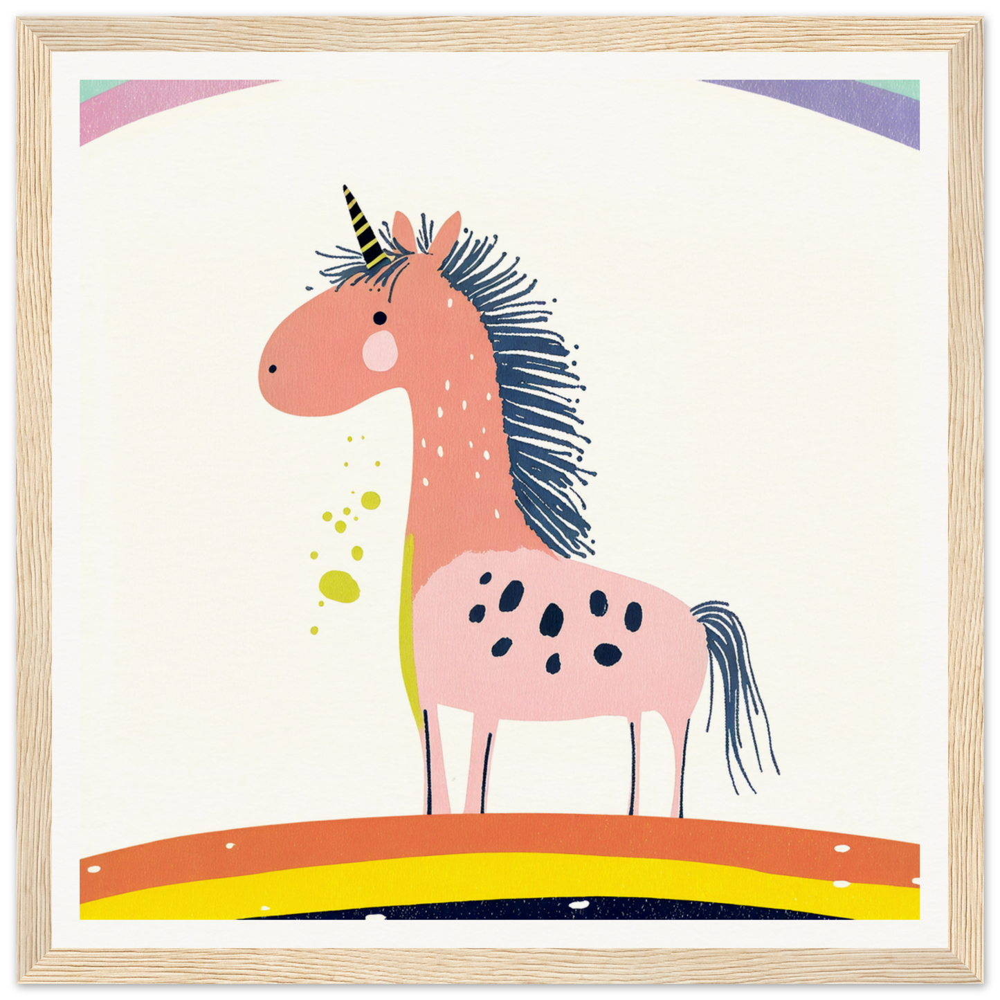 Cute pink unicorn with navy blue mane, perfect for nursery wall art or decor