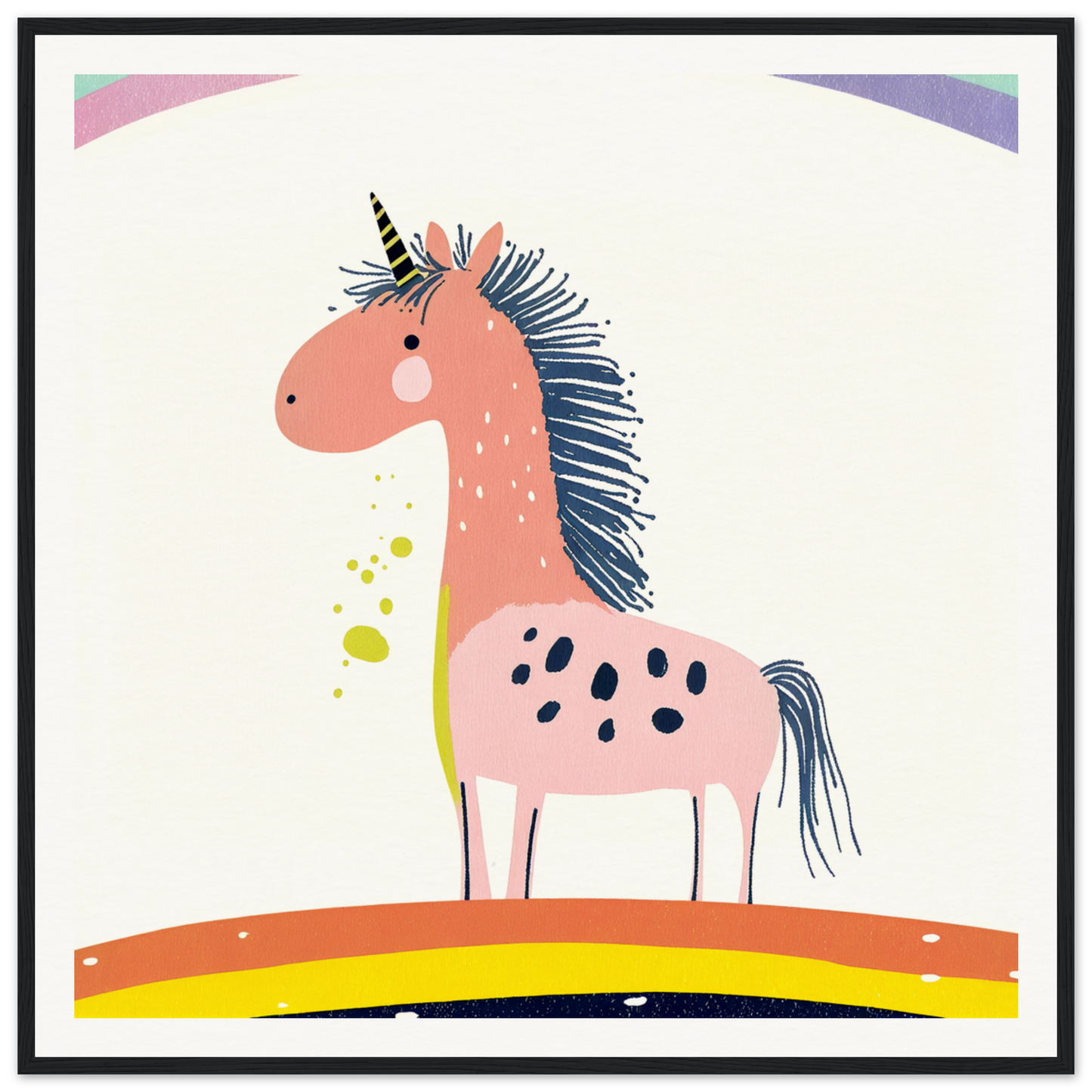 Pink unicorn with navy blue mane and spots - perfect for nursery wall art or decor