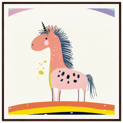 Pink unicorn with navy blue mane in whimsical nursery wall art for vibrant decor