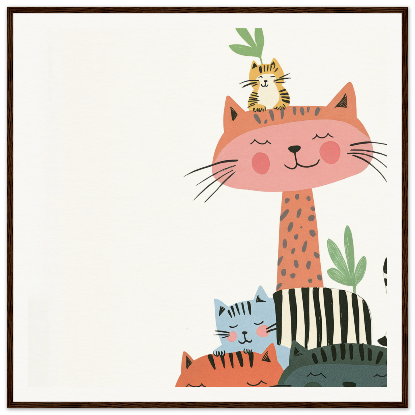 Whimsical illustration of stacked cats with a tiny tiger for nursery wall art