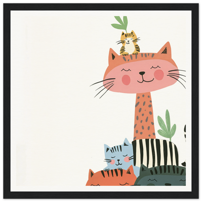 Pink cat with long neck, smaller striped cats, and plants for nursery wall art