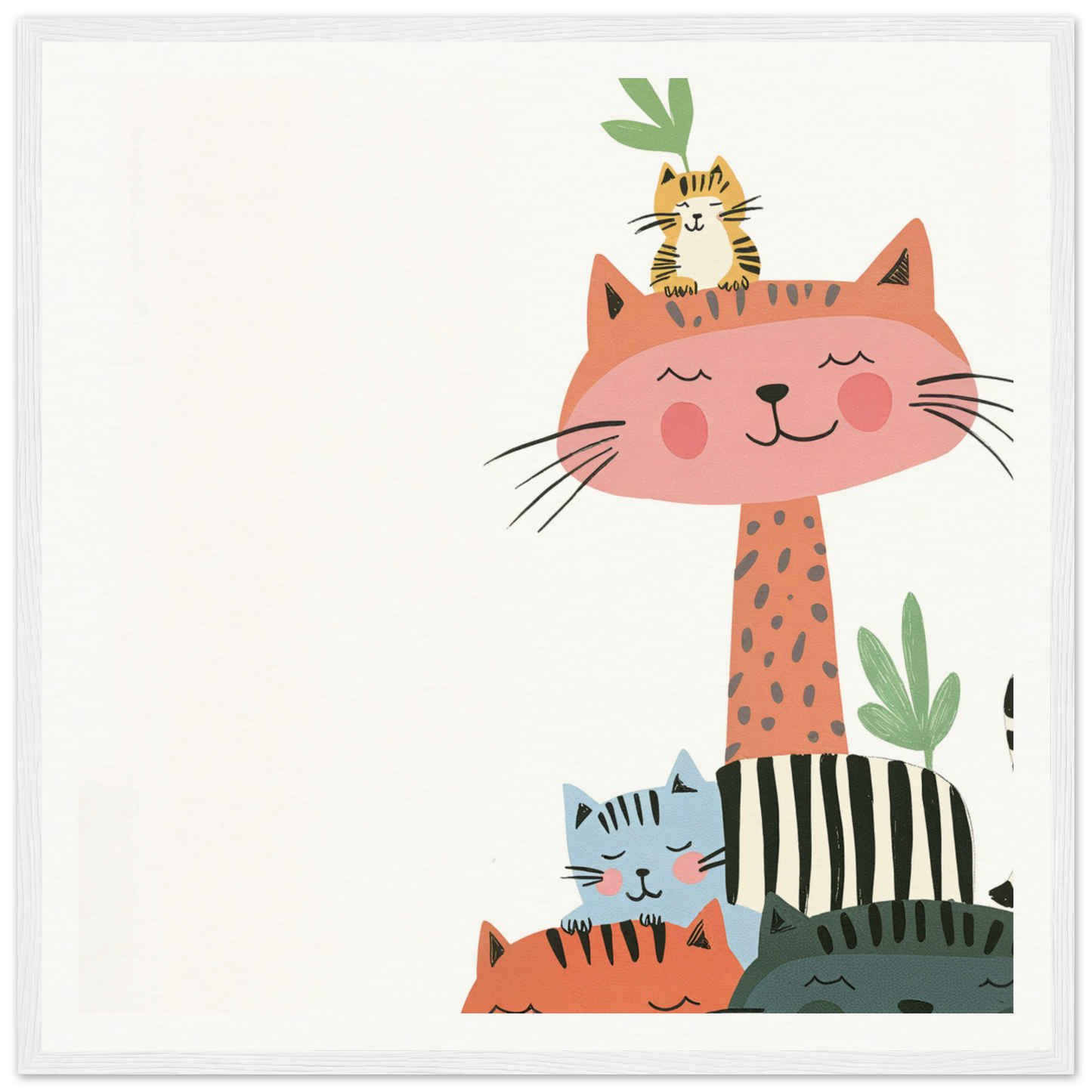 Cute cartoon cats stacked high with a tiny tiger, perfect for nursery wall art