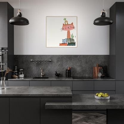 Modern dark gray kitchen featuring industrial lights and vibrant nursery wall art