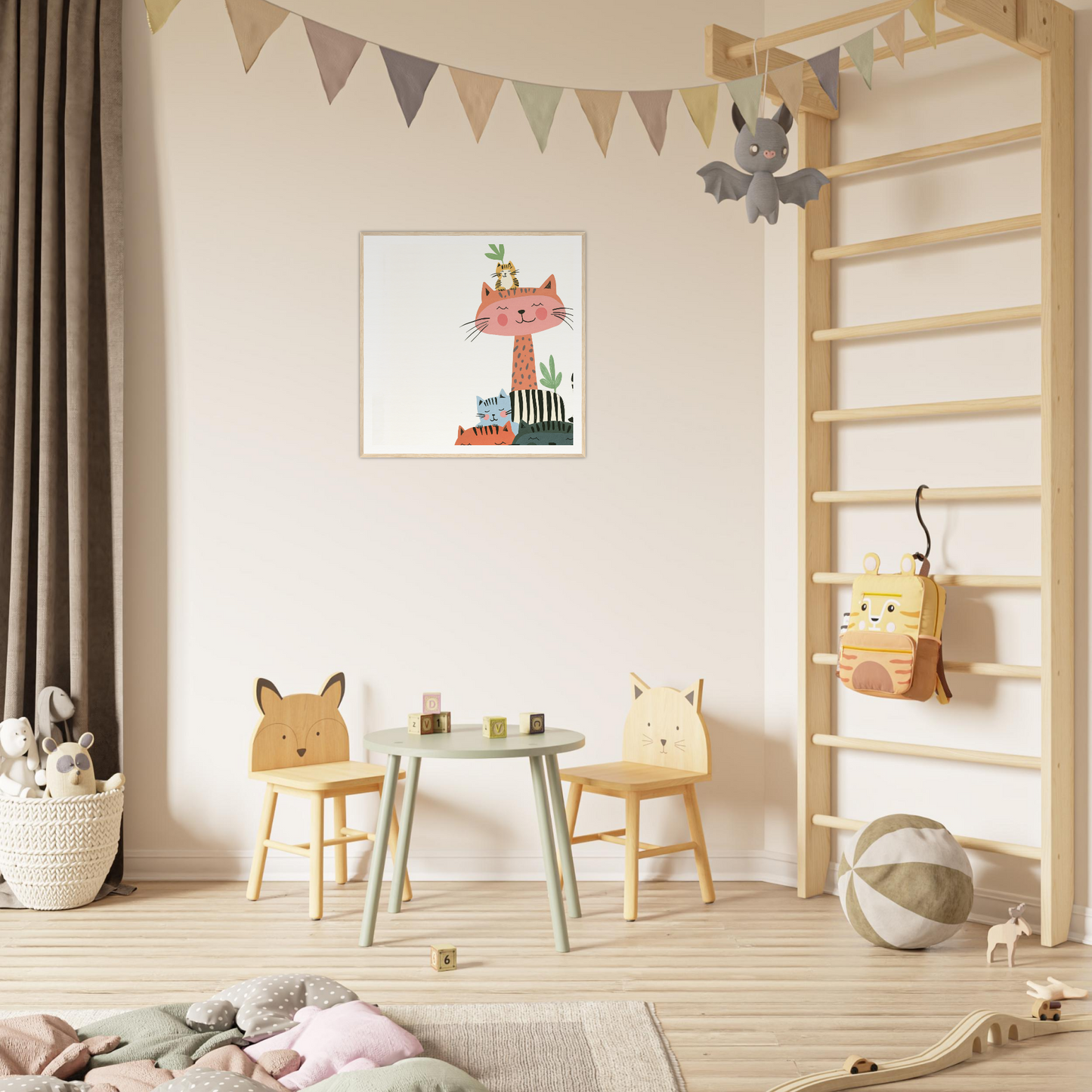 Colorful children’s play area featuring animal-themed chairs and small round table for nursery decor