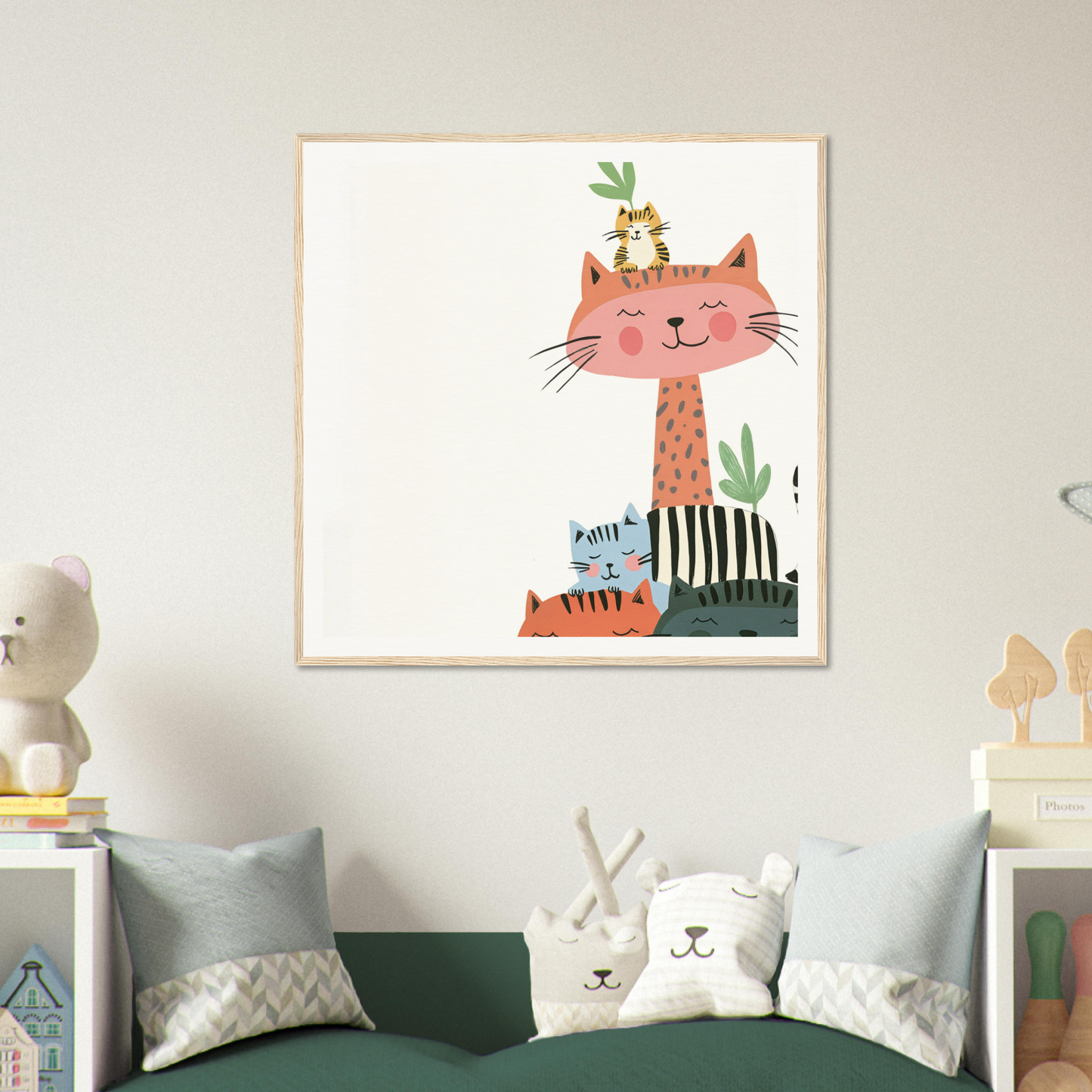 Whimsical nursery wall art of playful cats with plants in a charming framed poster