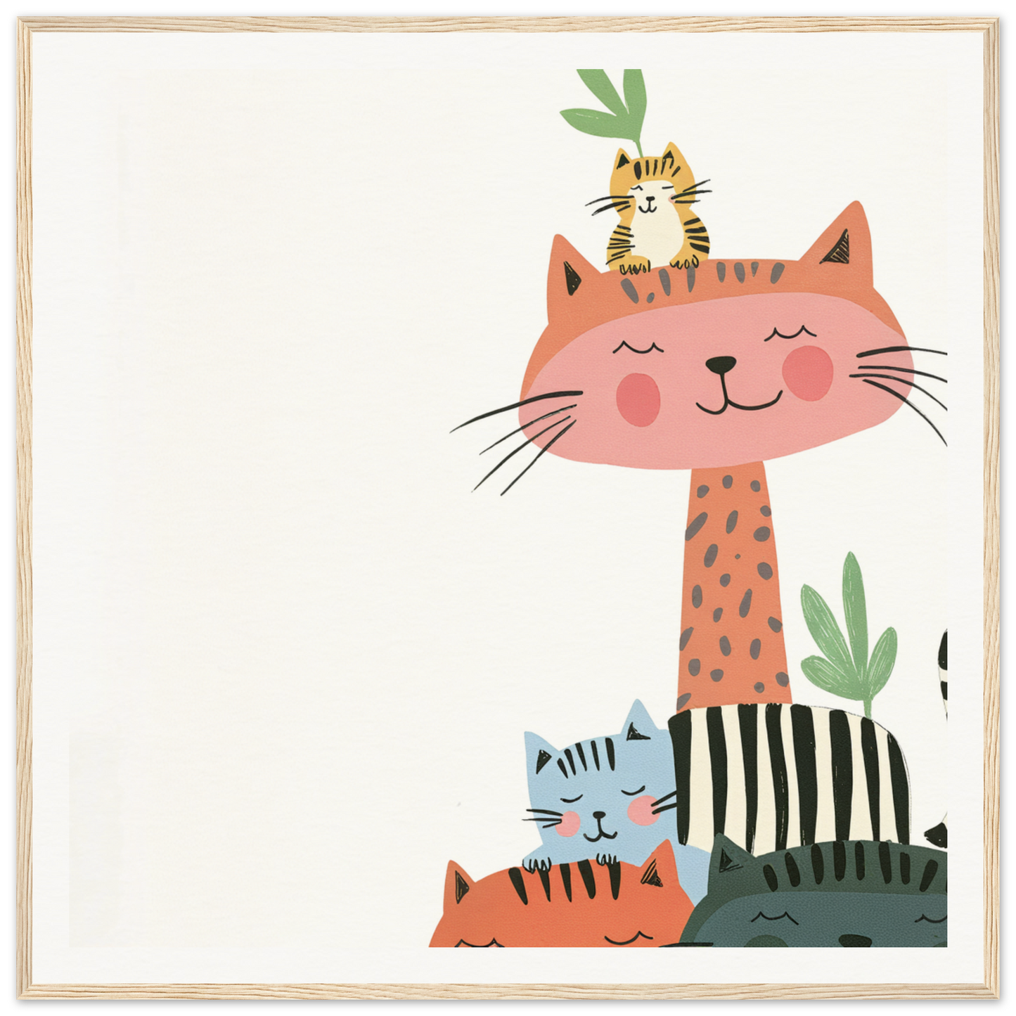 Pink cat tower with resting cats, perfect for nursery decor or wall art. Product157