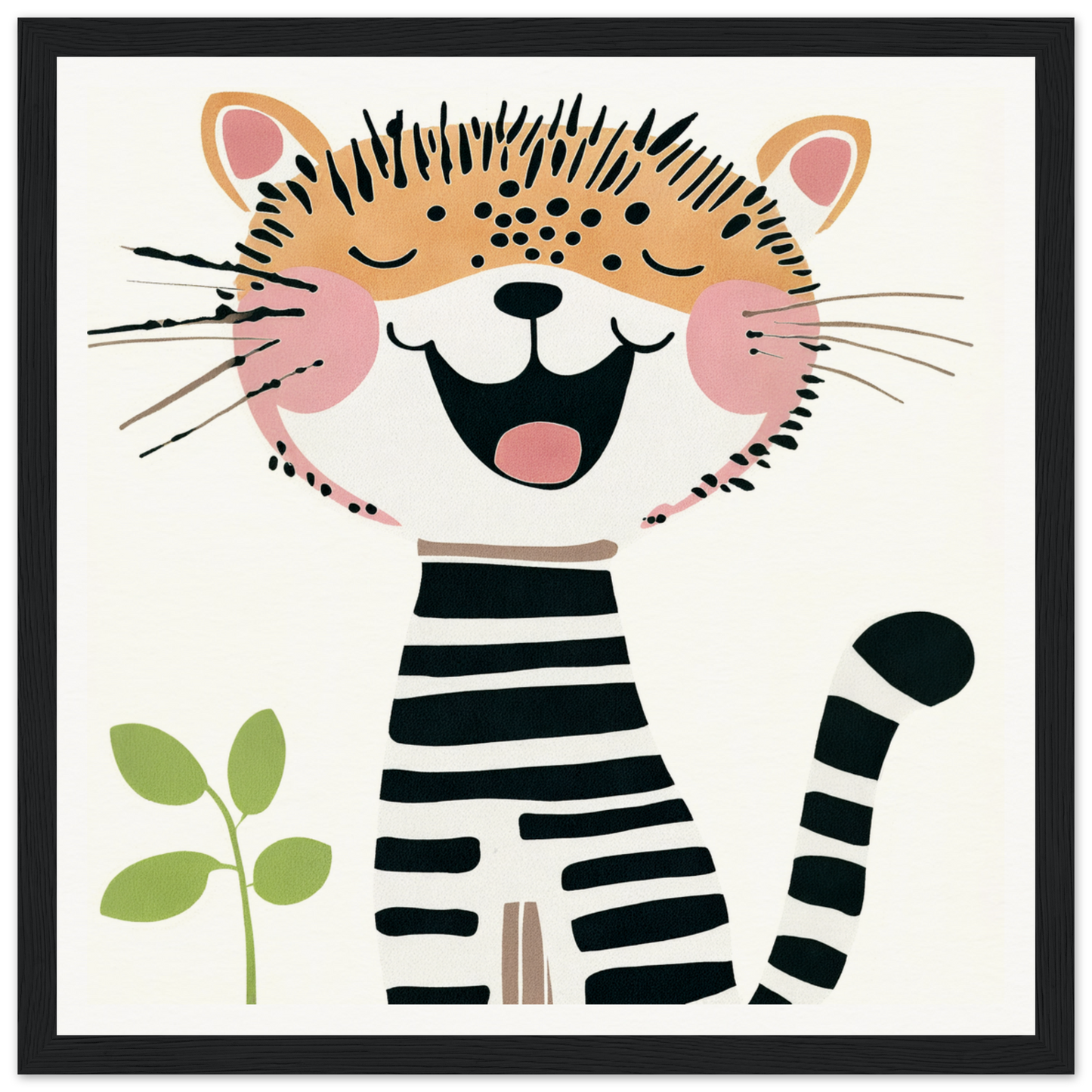 Happy cartoon cat in black and white stripes for cute nursery wall art or decor