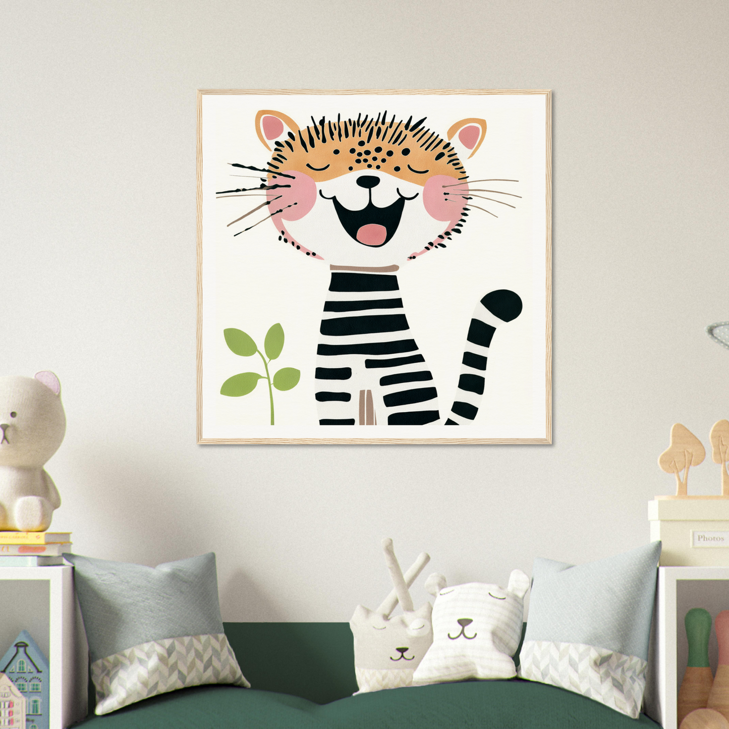 Happy cartoon cat in striped shirt, perfect for nursery wall art or framed poster decor