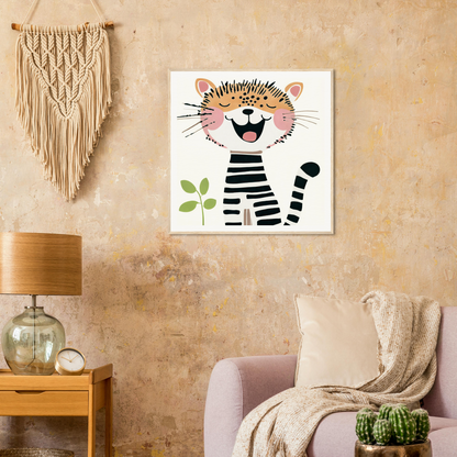 Cheerful cartoon cat in a striped shirt for cute nursery wall art decor