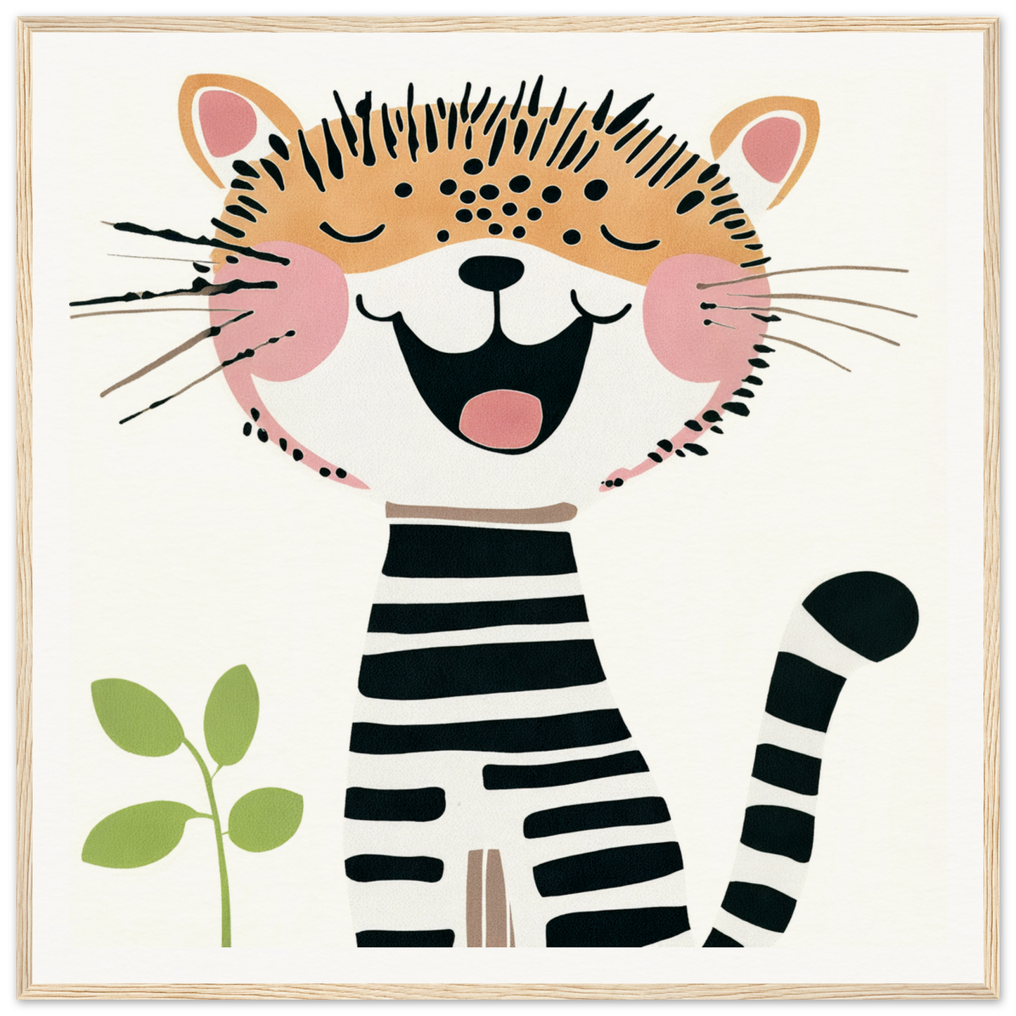 Happy cartoon tiger in black and white stripes, perfect for nursery wall art