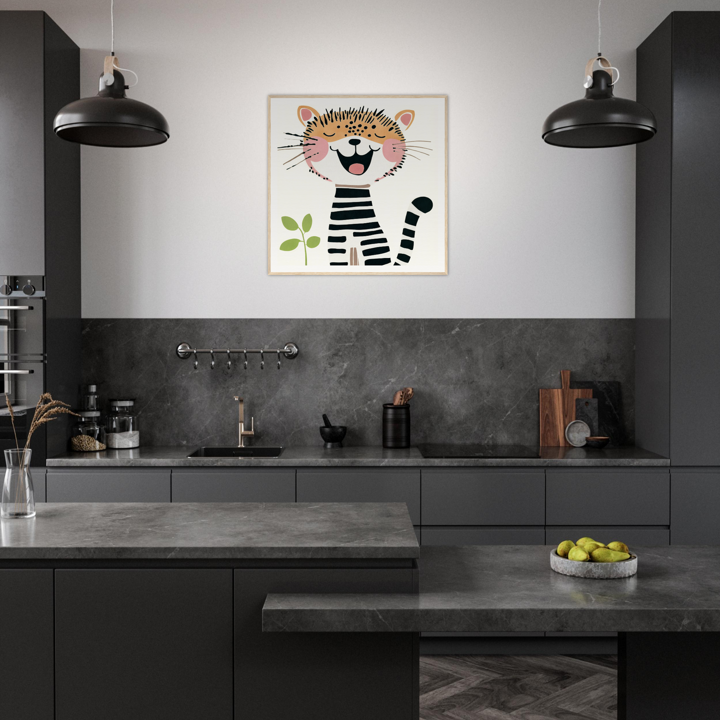 Modern dark gray kitchen featuring whimsical cat nursery wall art above