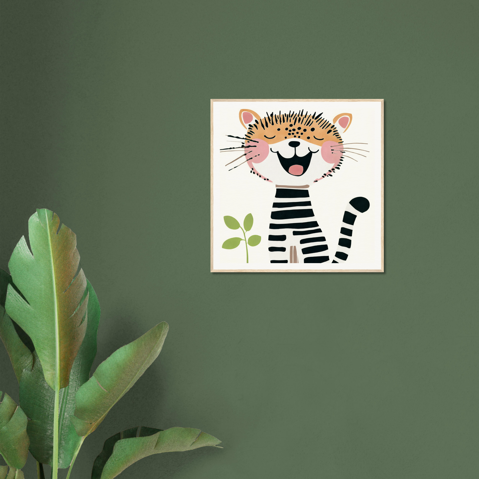 Happy cartoon tiger in a striped shirt for cute nursery wall art or decor