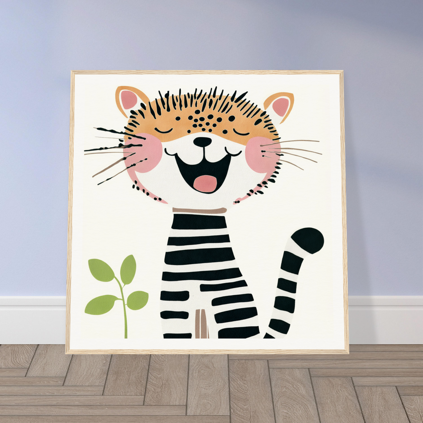 Cute cartoon tiger in a striped shirt, perfect for nursery wall art or decor