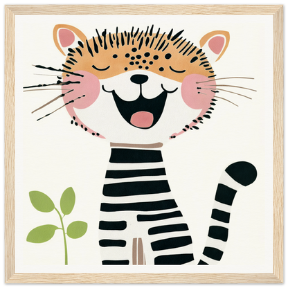 Happy cartoon tiger in striped outfit for cute nursery wall art decor