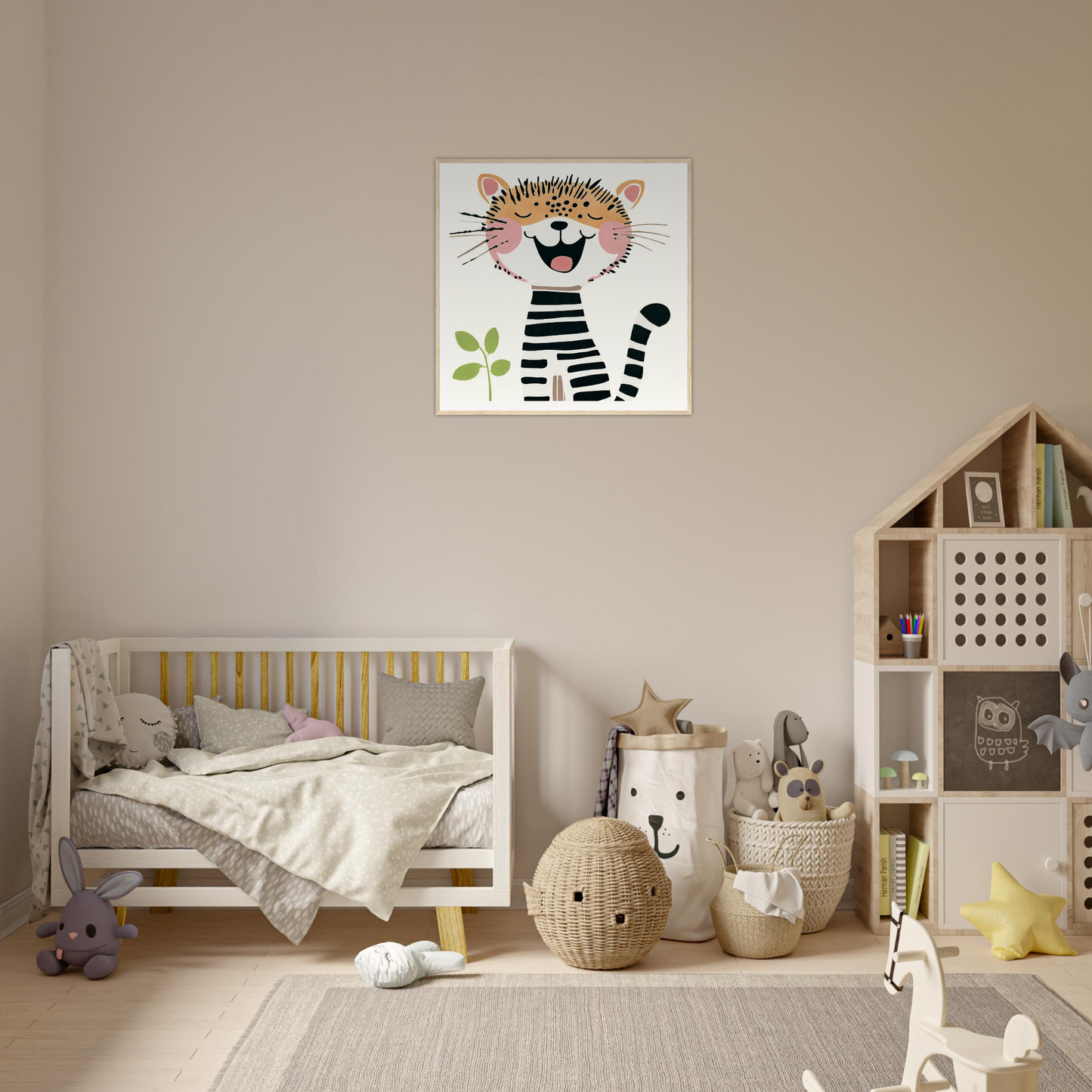 Whimsical cartoon cat wall art with pink face, perfect for nursery decor or framed poster