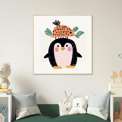 Cute cartoon penguin in a strawberry hat, perfect for nursery wall art or decor