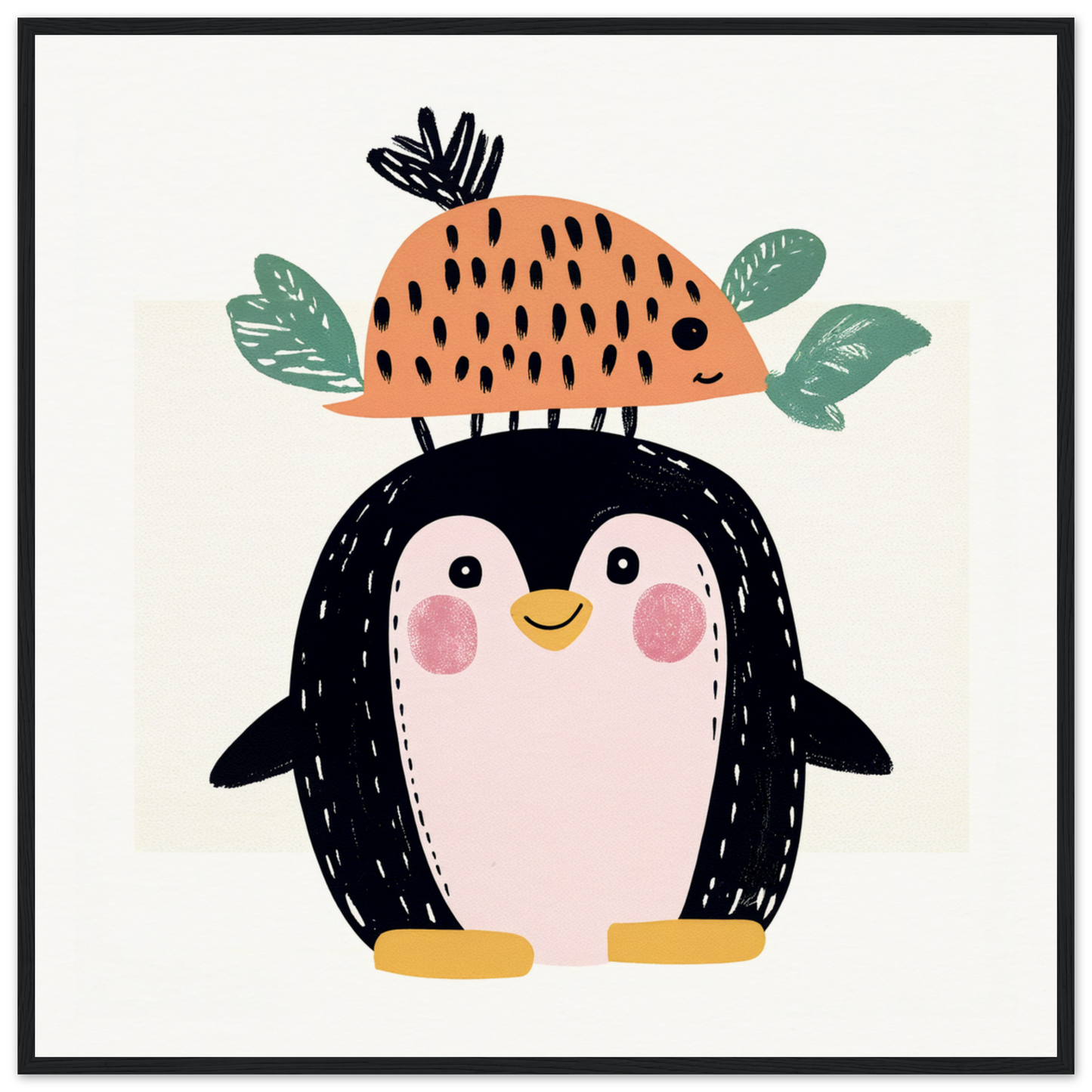 Cute cartoon penguin in an orange fruit hat for nursery wall art or decor