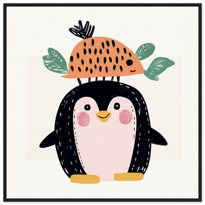 Cute cartoon penguin in an orange fruit hat for nursery wall art or decor