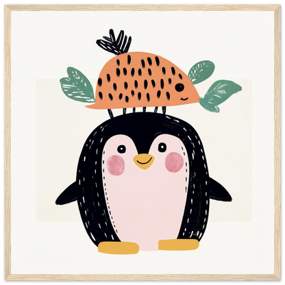 Cute cartoon penguin in orange fruit hat, perfect for nursery wall art or decor