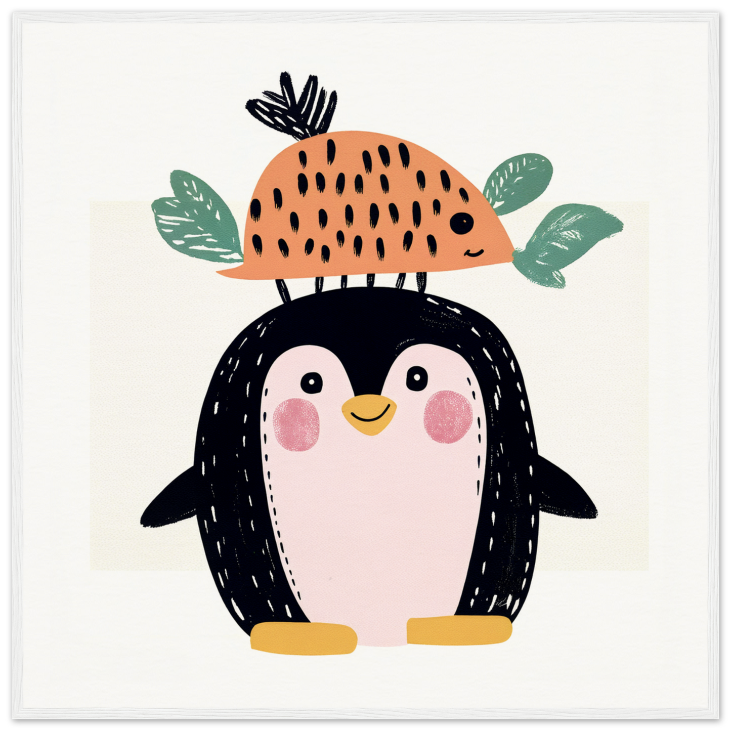 Cute cartoon penguin in a peach hat, perfect for nursery wall art or decor