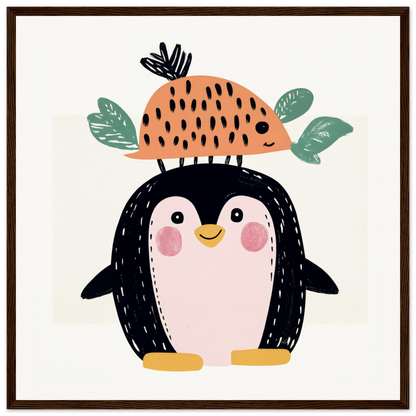 Cute cartoon penguin with a peach hat, perfect for nursery wall art or decor