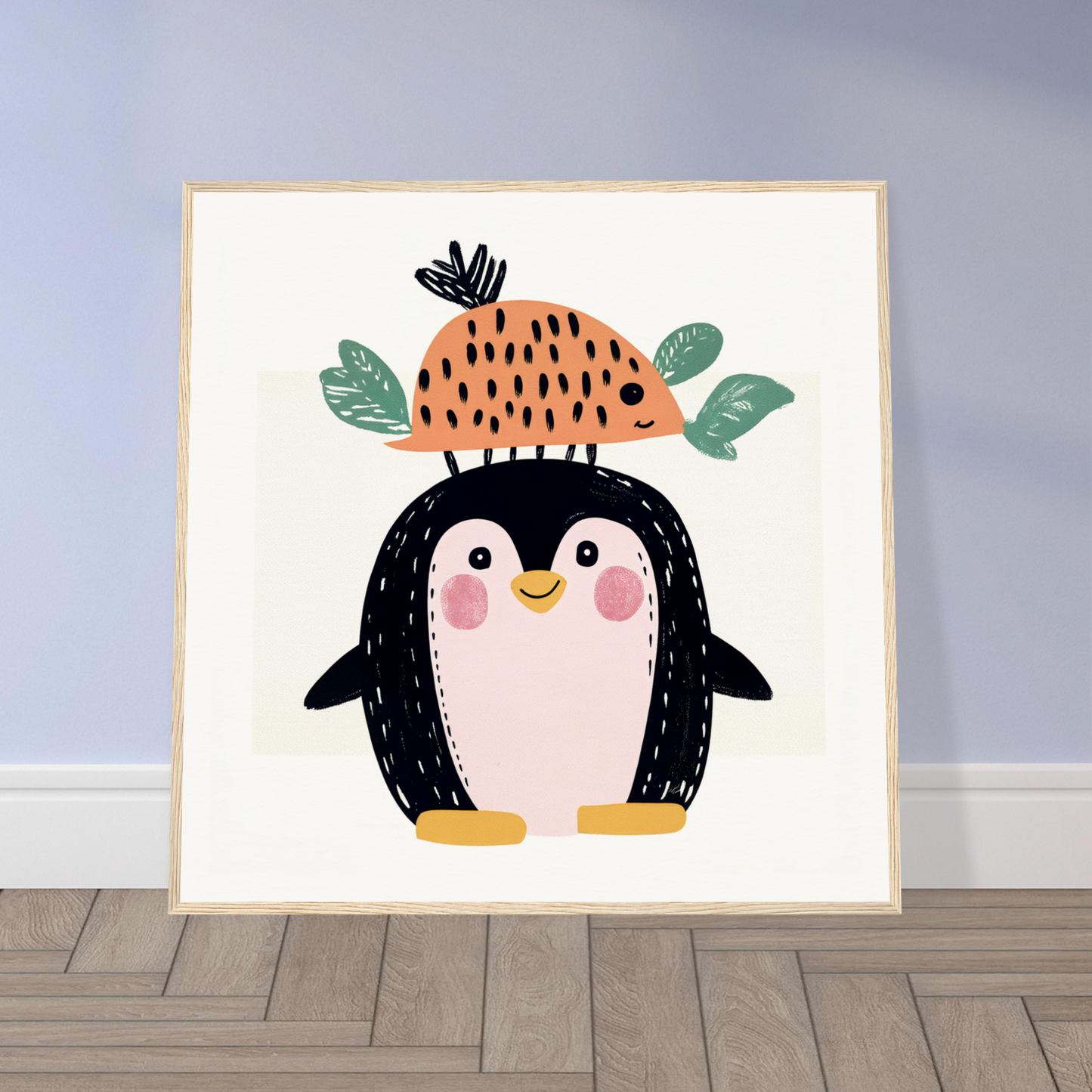 Cute cartoon penguin in fruit hat, perfect for nursery wall art or decor