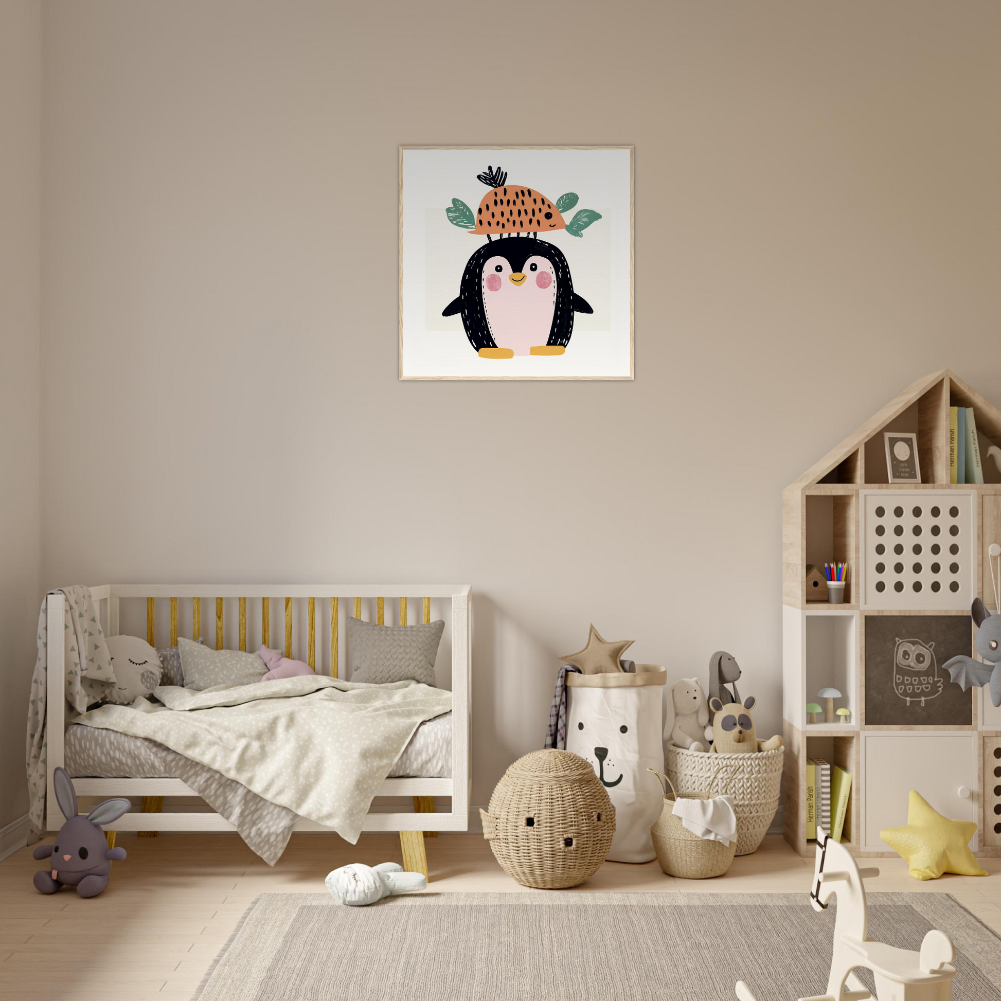 Cute penguin artwork in a winter hat, perfect for nursery wall art or decor