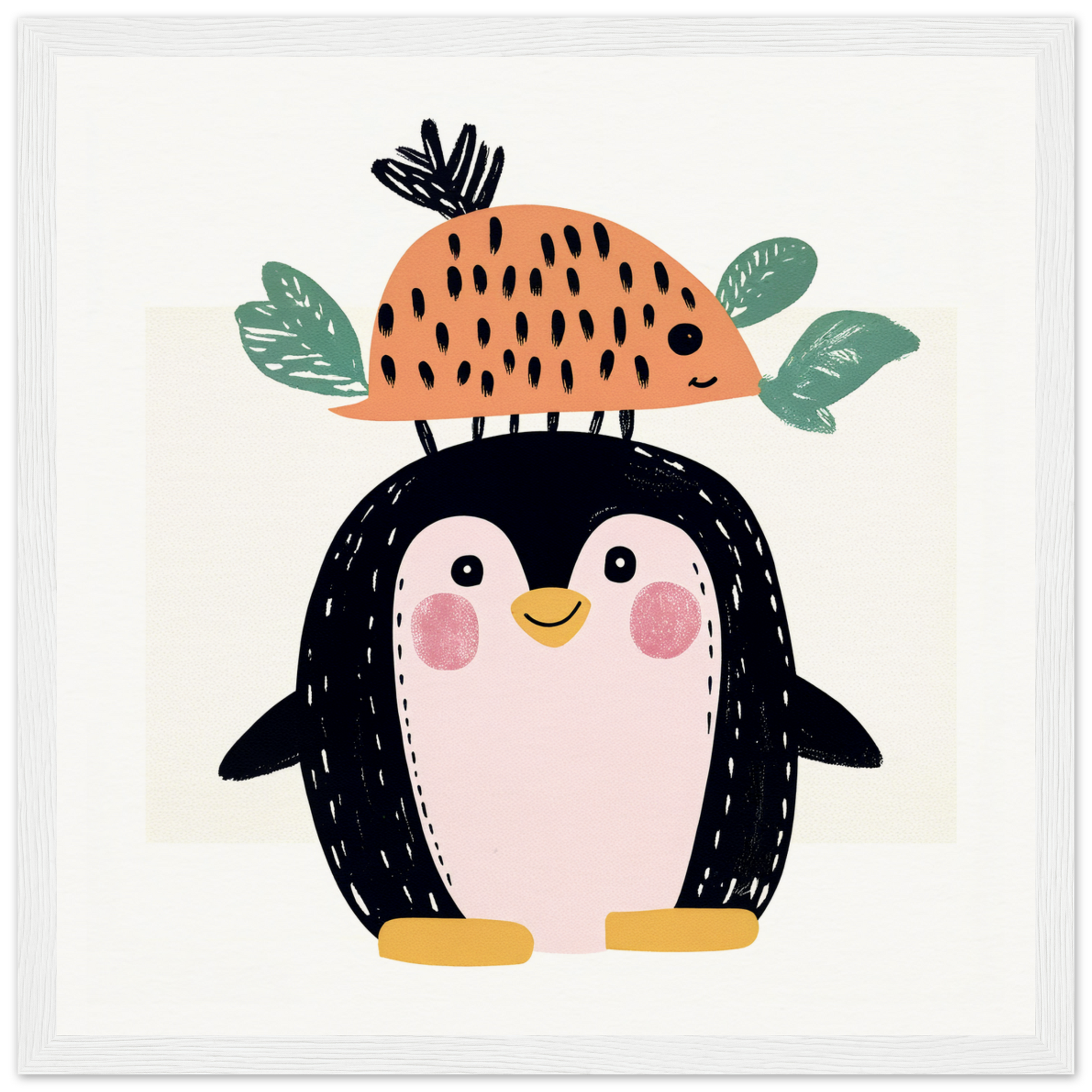 Cute cartoon penguin with rosy cheeks in a fruit hat, perfect for nursery wall art