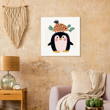 Cute cartoon penguin in a strawberry hat, perfect for nursery wall art or decor!