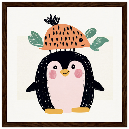 Cute cartoon penguin in a peach fruit hat, perfect for nursery wall art or decor