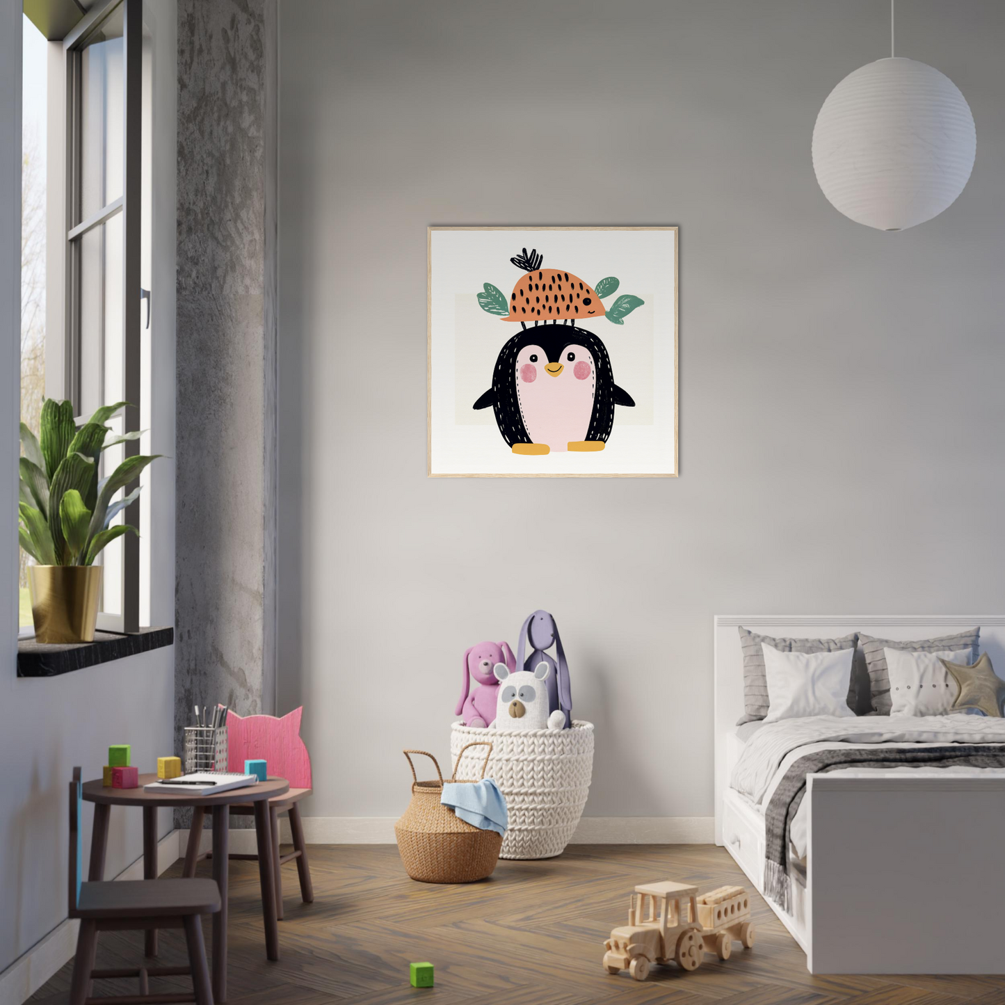 Cute cartoon penguin in a knit hat, perfect for nursery wall art or decor