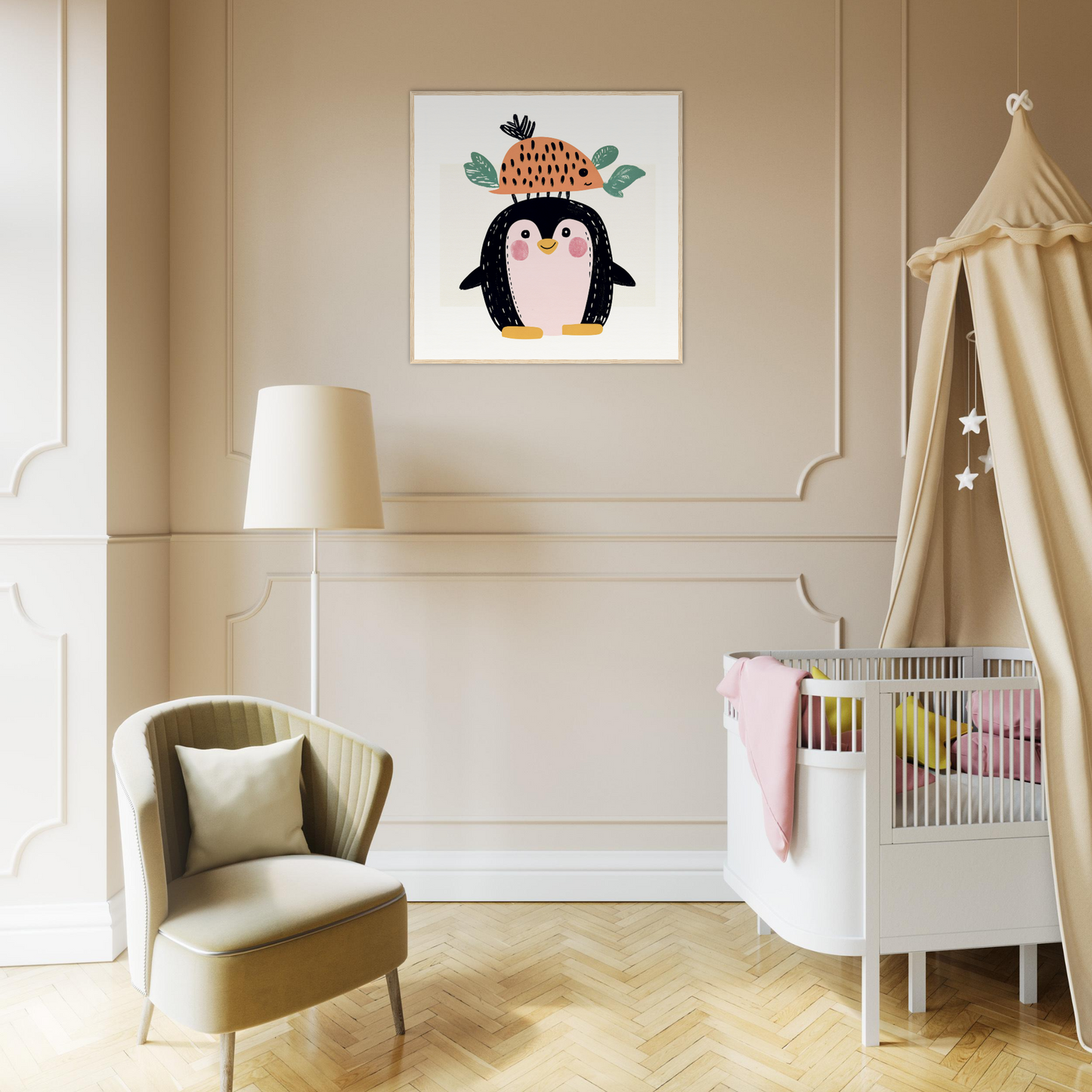 Cute cartoon penguin nursery wall art with floral details on a white background