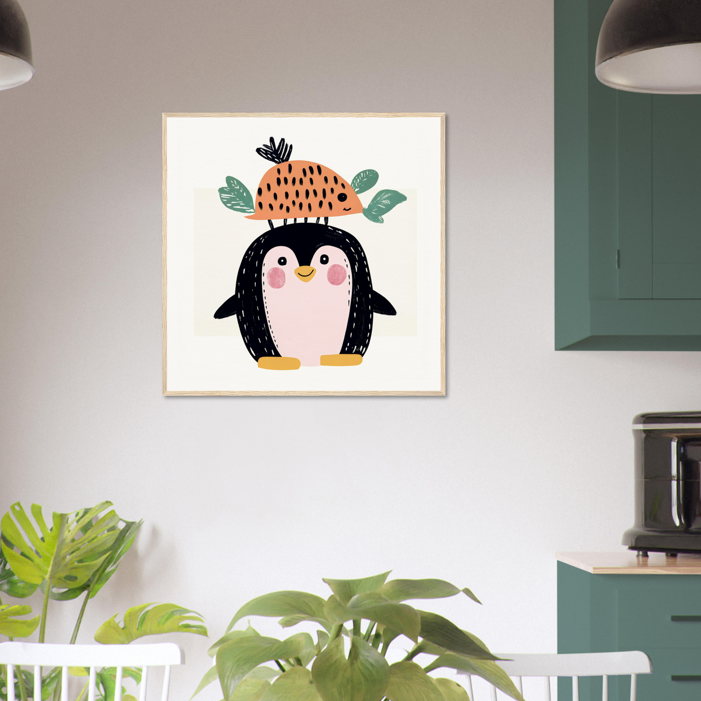 Cute cartoon penguin in a fruit hat, perfect for nursery wall art or decor