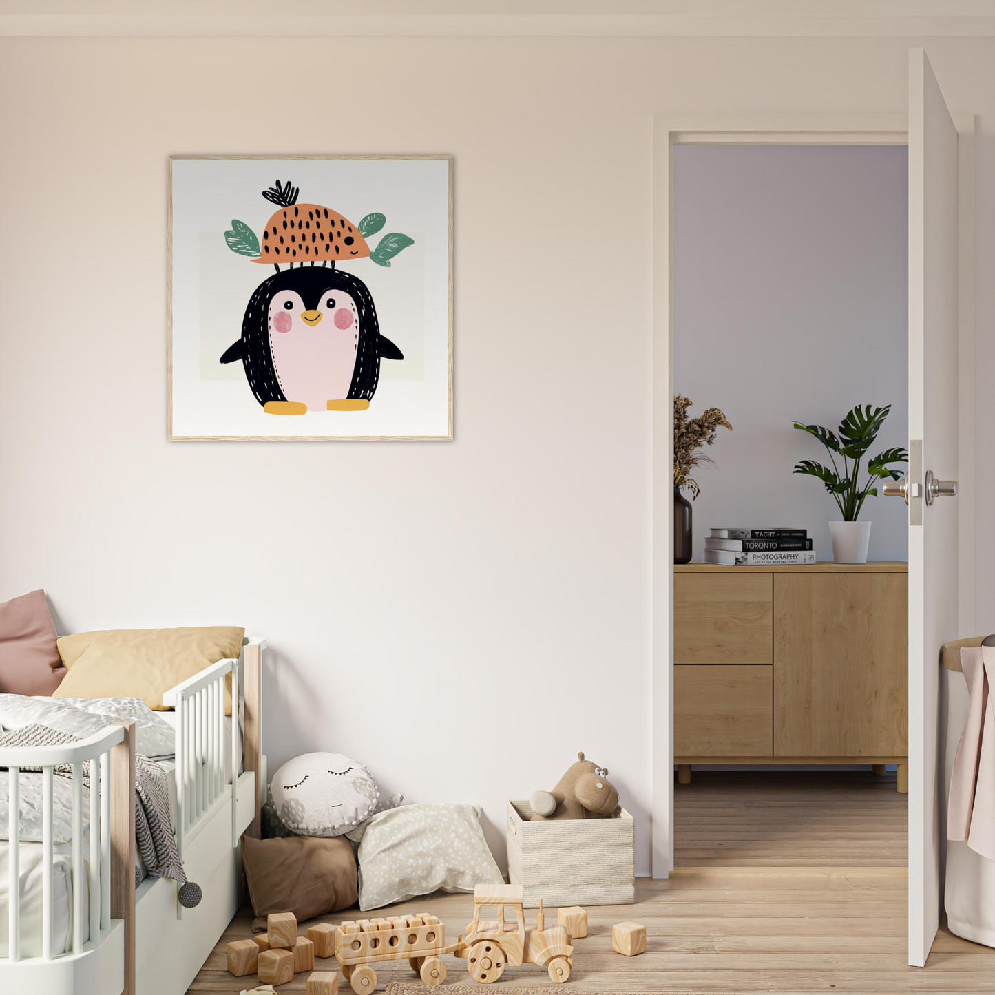 Framed cartoon penguin artwork for cute nursery wall art and decor