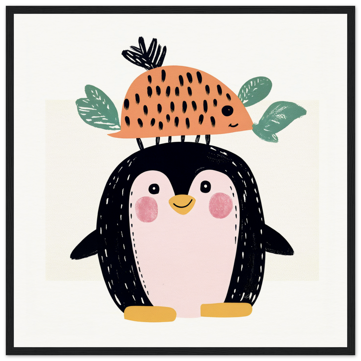 Cute cartoon penguin with a peach fruit hat, perfect for nursery wall art decor