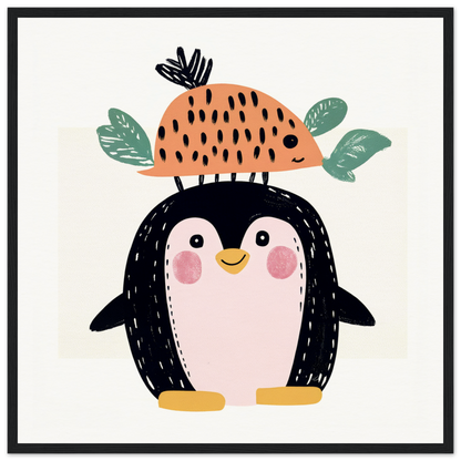 Cute cartoon penguin with a peach fruit hat, perfect for nursery wall art decor