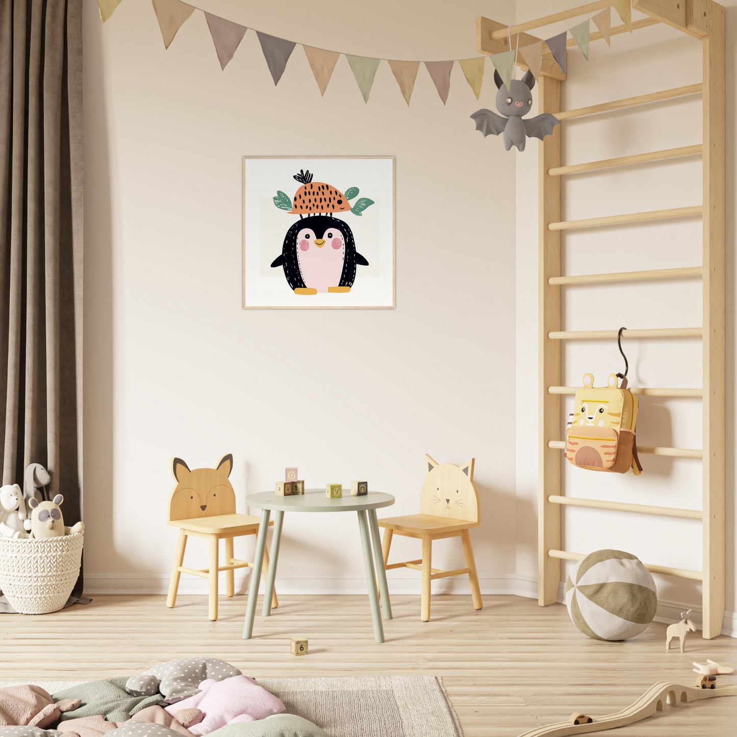 Adorable penguin artwork with floral crown perfect for nursery wall art or decor