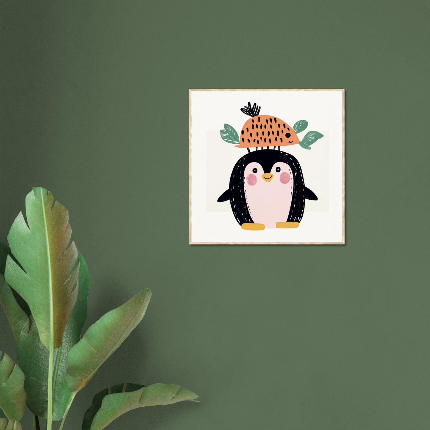 Cute cartoon penguin in a fruit hat, perfect for nursery wall art and decor